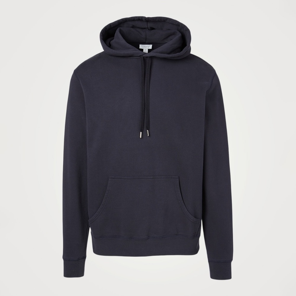 Sunspel Men Navy Blue Cotton Loopback Overhead Hoodie Pullover Size S